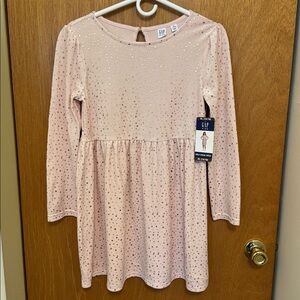 Girls GAP sz XL 14/16 velour pink knee length dress w/copper stars and dots NWT